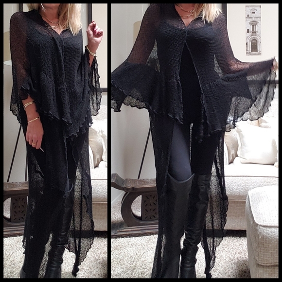 Long Black Punk Goth Bohemian See Through 2 Way Bell Sleeve Cardigan Sweater - Picture 2 of 5
